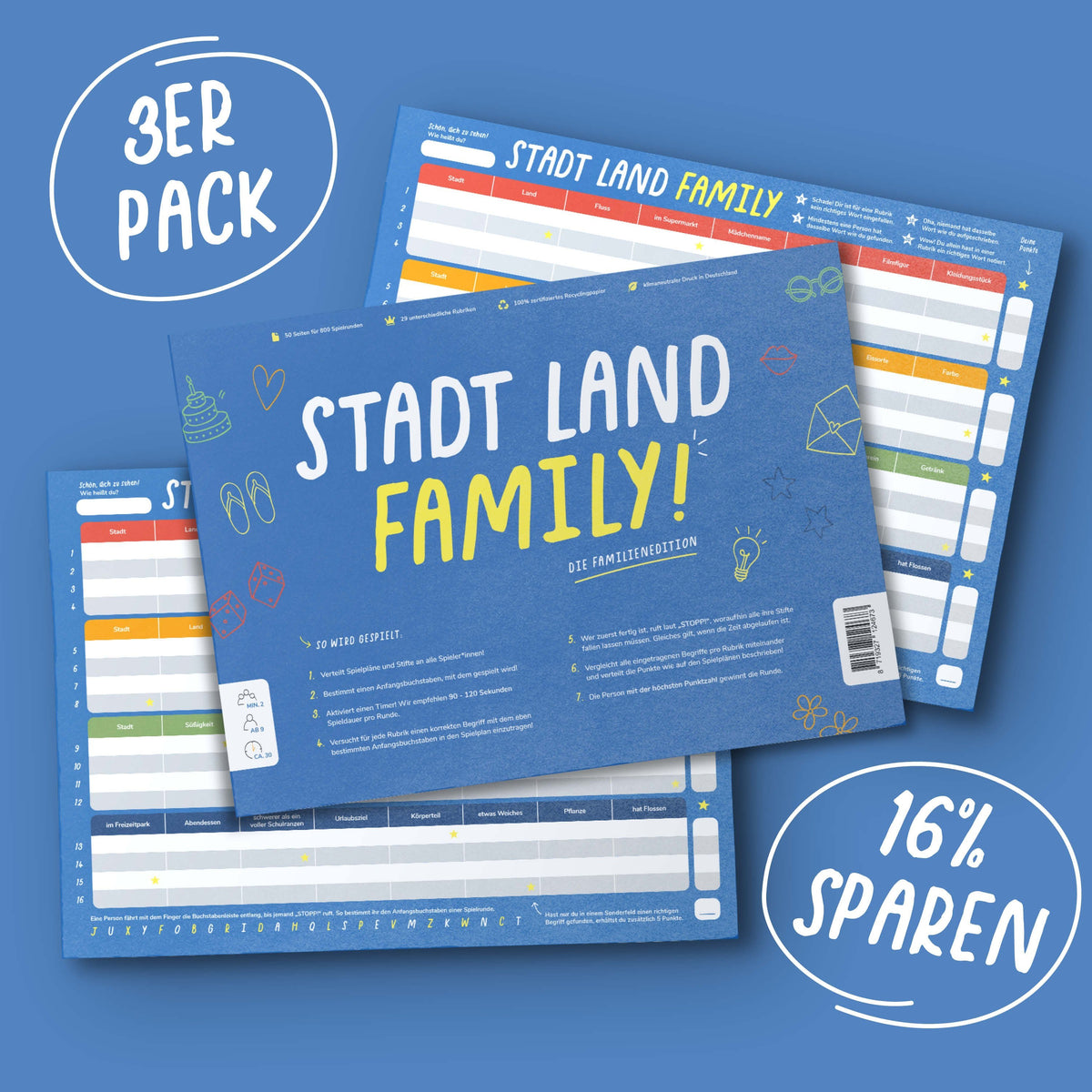 Stadt Land Family - 3ER PACK - Lernspiel für Familien ab 9 Jahren - Pihu