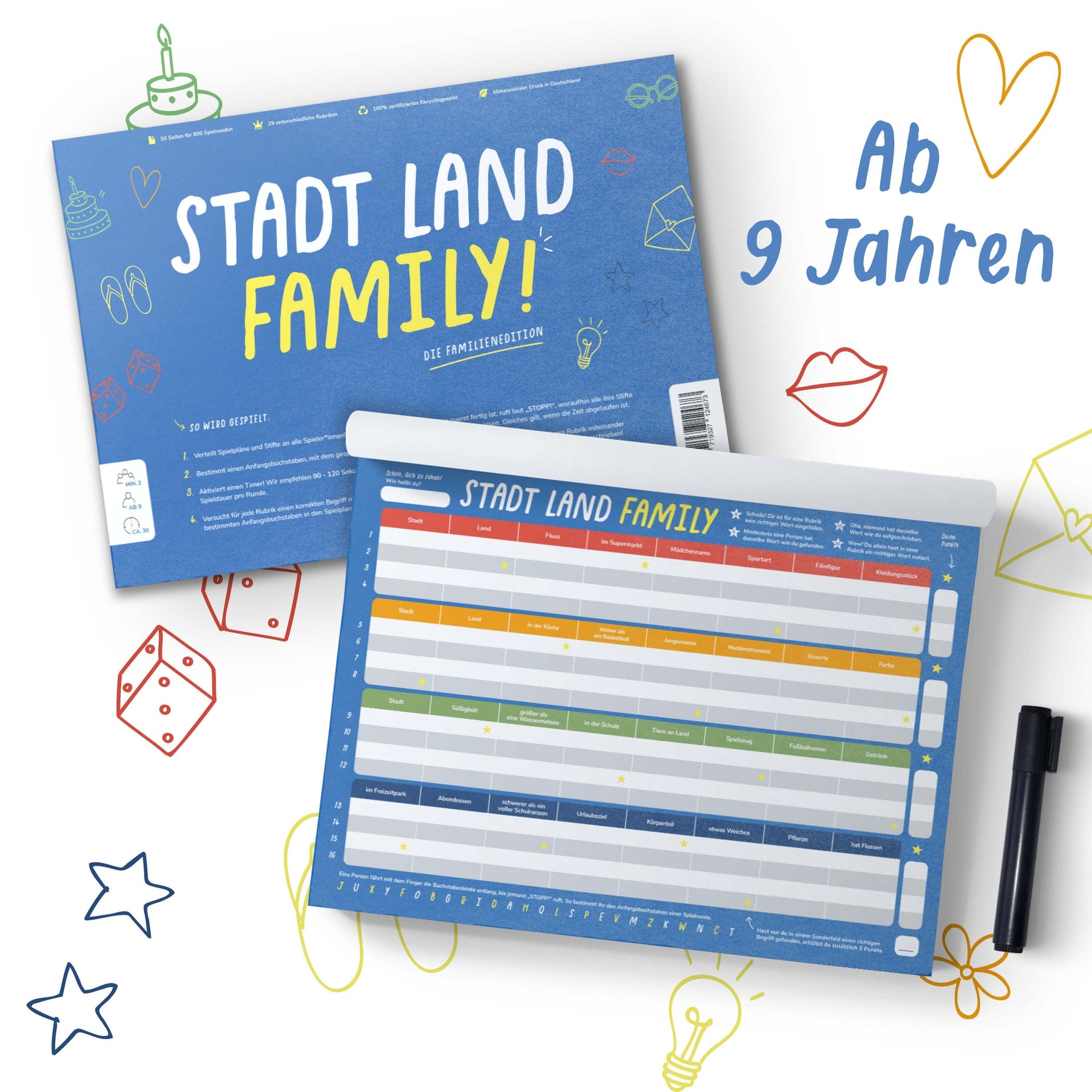 Stadt Land Family - Spieleblock - Lernspiel für Familien ab 9 Jahren - Pihu