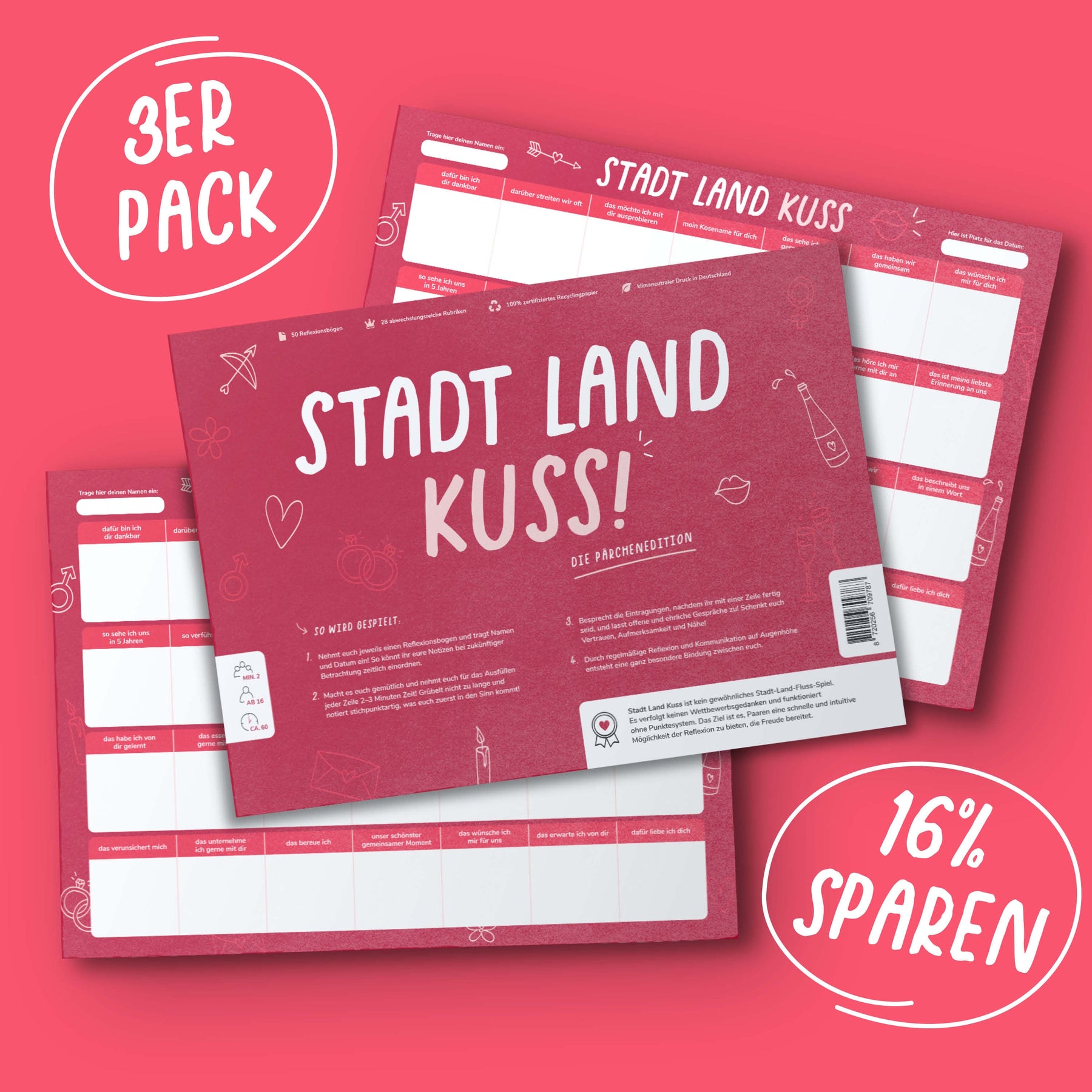 Stadt Land Kuss - Spieleblock für Paare - Reflexion und Kommunikation für Partner - Pihu