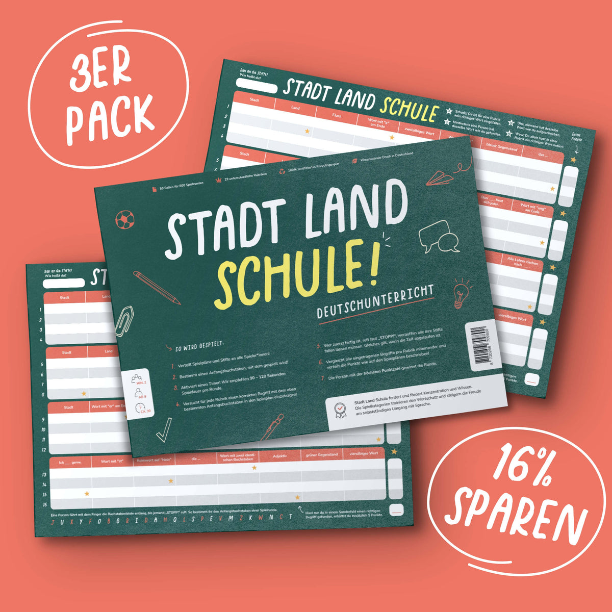 Stadt Land Schule (Deutschunterricht) - 3ER PACK - Stadt Land Fluss als Lernspiel ab 9 - Pihu
