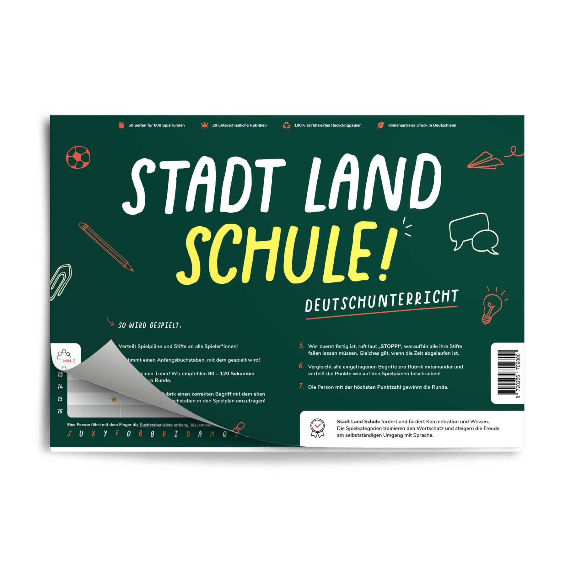 Stadt Land Schule (Deutschunterricht) - Spieleblock - Lernspiel für Familien ab 9 Jahren - Pihu