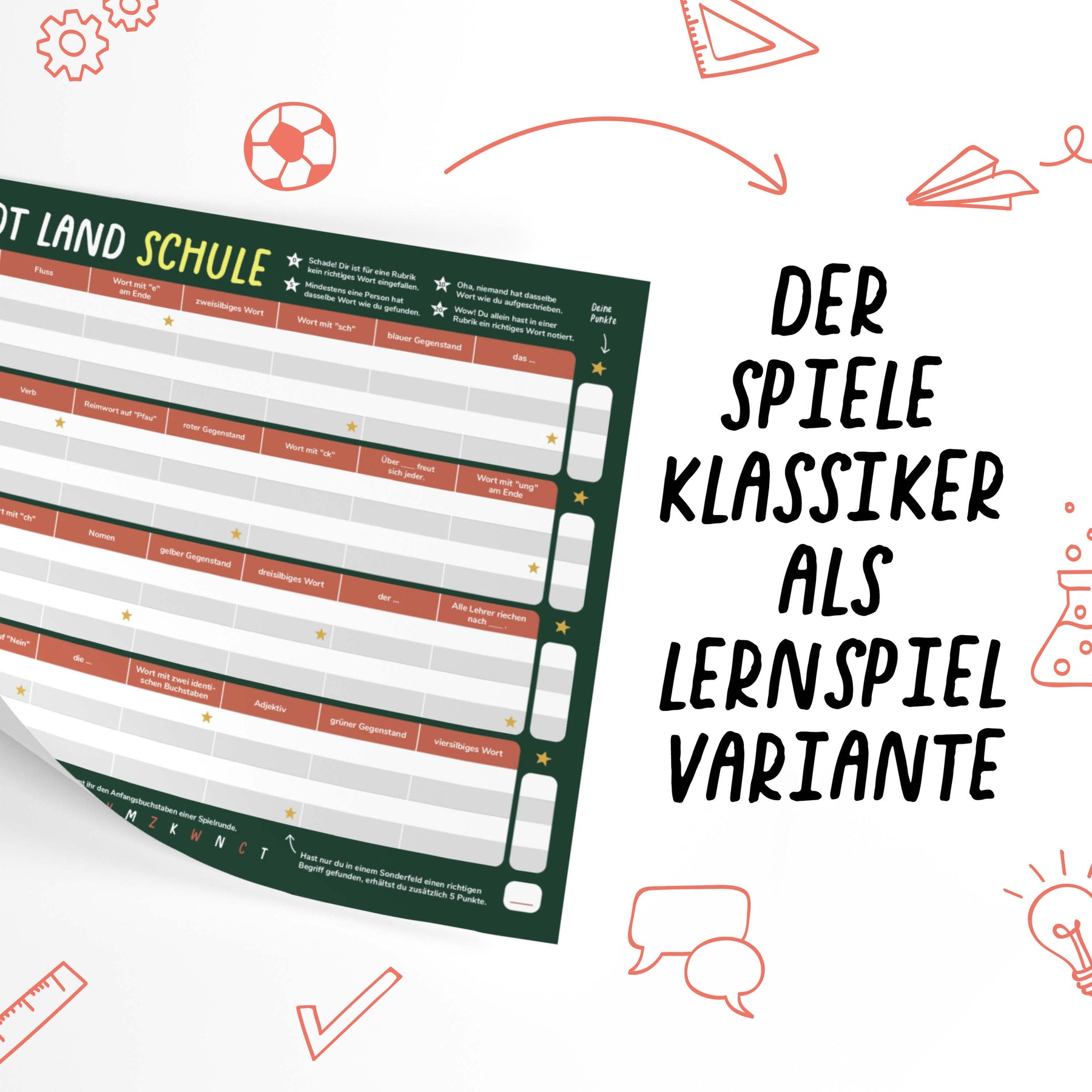 Stadt Land Schule (Deutschunterricht) - Spieleblock - Lernspiel für Familien ab 9 Jahren - Pihu