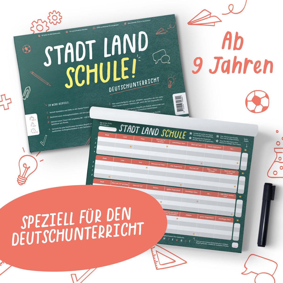 Stadt Land Schule (Deutschunterricht) - Spieleblock - Lernspiel für Familien ab 9 Jahren - Pihu