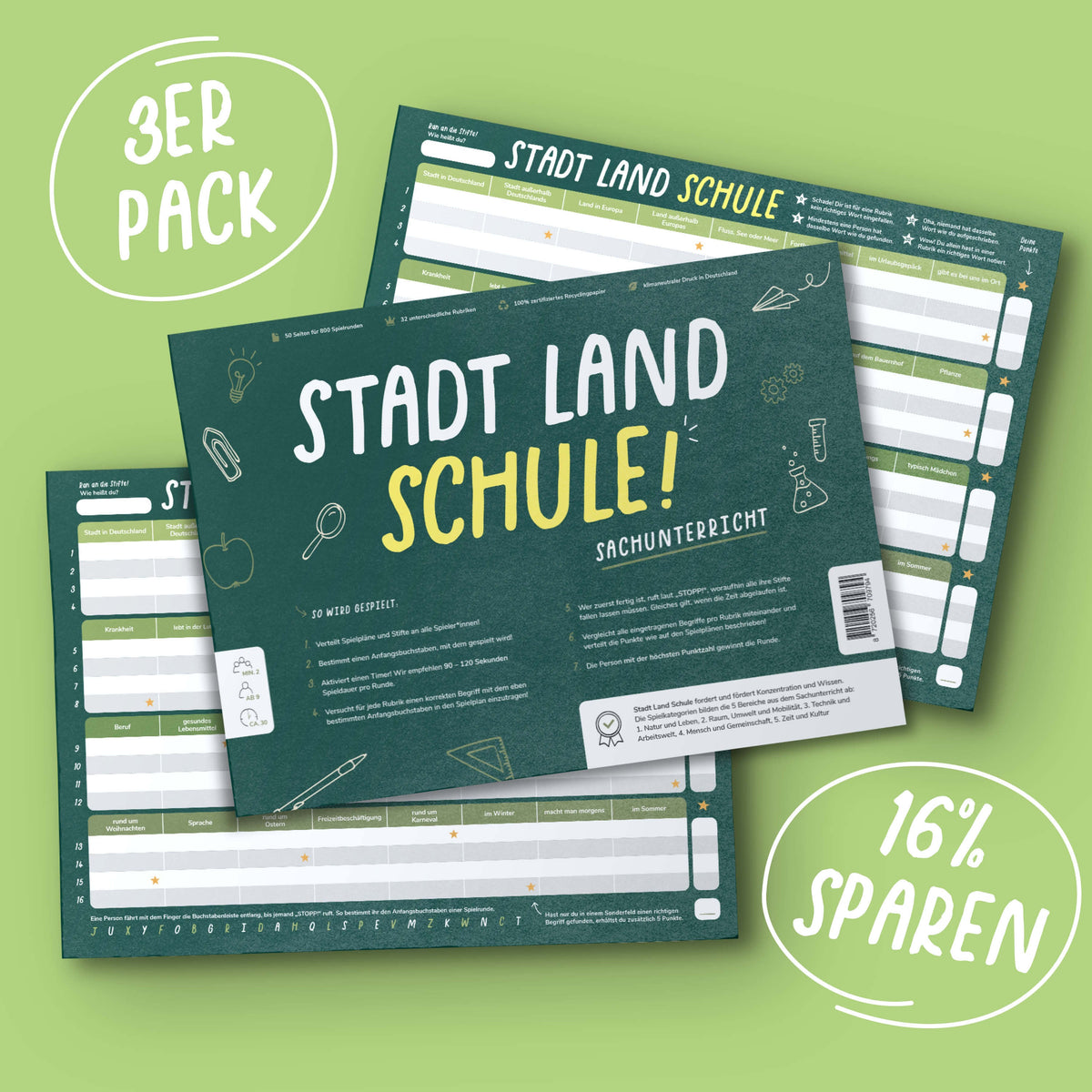 Stadt Land Schule (Sachunterricht) - 3ER PACK - Lernspiel für Familien ab 9 Jahren - Pihu