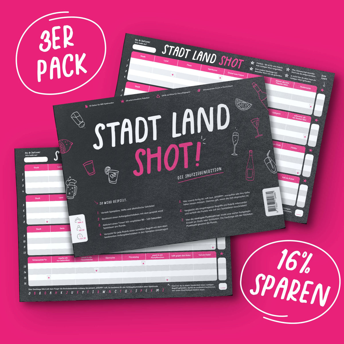 Stadt Land Shot - 3ER PACK - Stadt Land Fluss als Trinkspiel ab 16 - Pihu