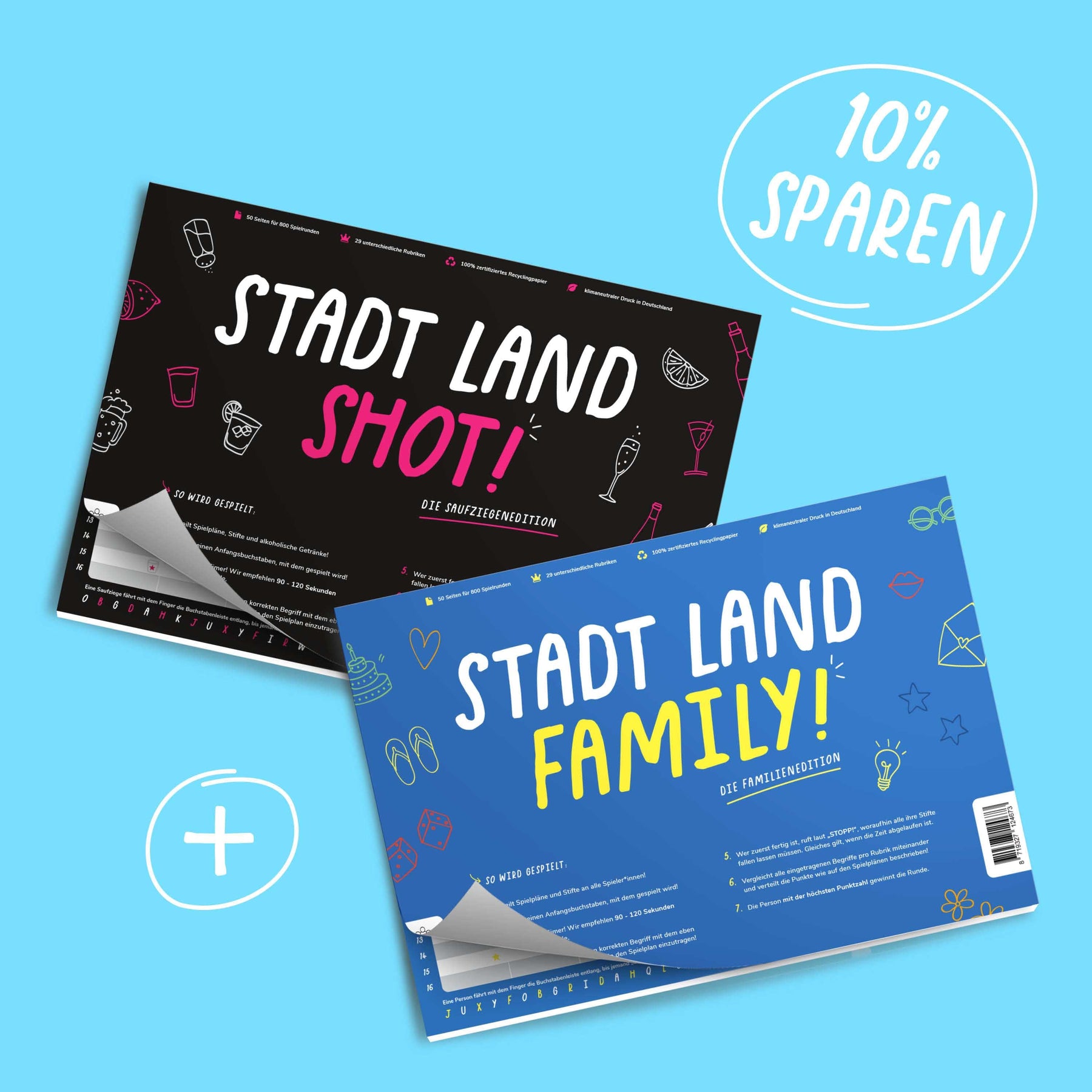 Doppelpack - Stadt Land Shot + Stand Land Family - 2 Spieleblöcke - Pihu
